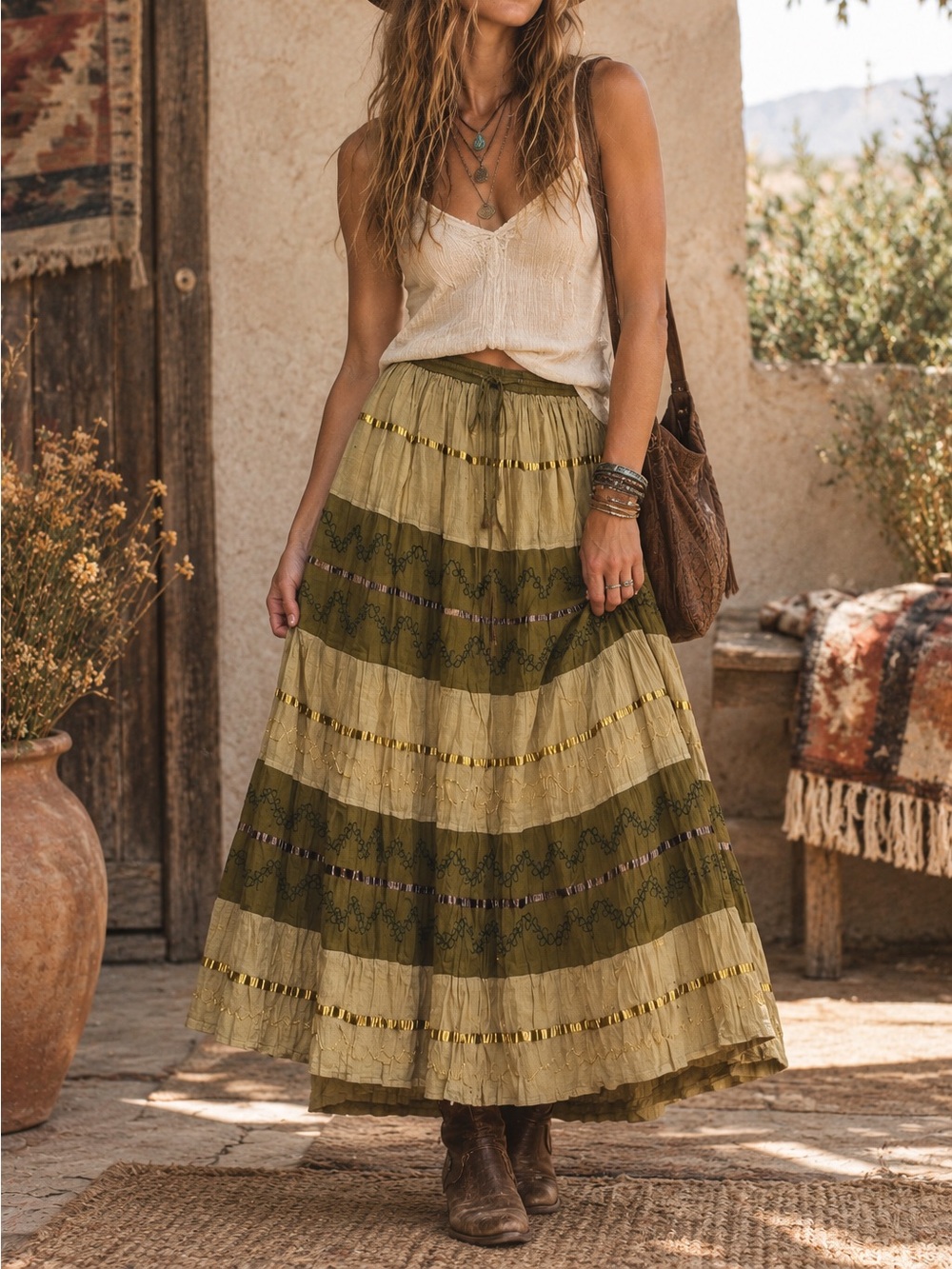 VTG Boho Maxi Skirt SZ M/L Tiered Embroidered Olive Green Gauze Festival Flowy